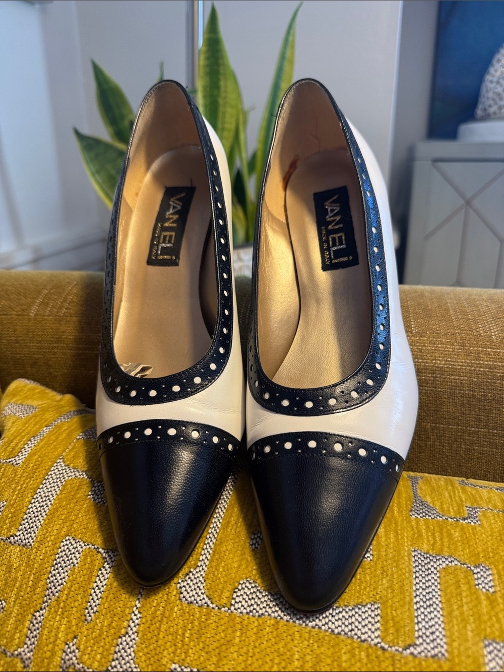 Vaneli Two-Tone White and Navy Pointed-Toe Pump with Stud Trim